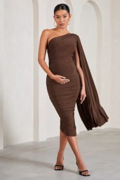 Yara | Chocolate Maternity One Sleeve Ruched Maternity Midi Dress With Cape Sleeve -ENY Clothing Shop WB CC CL129218067 YaraChocolateMaternityOneSleeveRuchedMaternityMidiDresswithCapeSleeve1