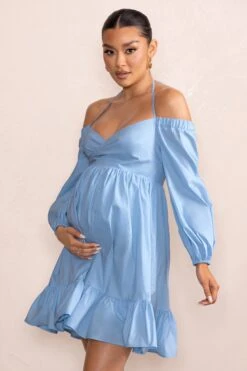 Kyra | Powder Blue Babydoll Maternity Mini Dress With Long Cold Shoulder Puff Sleeves -ENY Clothing Shop WB CC CL129229 KyraPowderBlueBabydollMaternityMiniDresswithLongColdShoulderPuffSleeves2