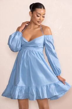Kyra | Powder Blue Babydoll Maternity Mini Dress With Long Cold Shoulder Puff Sleeves -ENY Clothing Shop WB CC CL129229 KyraPowderBlueBabydollMaternityMiniDresswithLongColdShoulderPuffSleeves3
