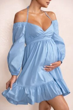 Kyra | Powder Blue Babydoll Maternity Mini Dress With Long Cold Shoulder Puff Sleeves -ENY Clothing Shop WB CC CL129229 KyraPowderBlueBabydollMaternityMiniDresswithLongColdShoulderPuffSleeves4