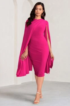 Marysol | Pink Asymmetric Cape Midi Dress -ENY Clothing Shop WB CC CL129284 MarysolPinkAsymmetricCapeMidDress0