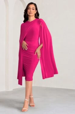Marysol | Pink Asymmetric Cape Midi Dress -ENY Clothing Shop WB CC CL129284 MarysolPinkAsymmetricCapeMidDress4