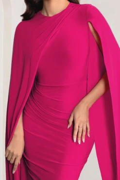 Marysol | Pink Asymmetric Cape Midi Dress -ENY Clothing Shop WB CC CL129284 MarysolPinkAsymmetricCapeMidDress5