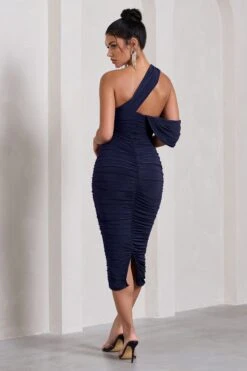 Cici | Navy Asymmetric One Shoulder Ruched Midi Dress -ENY Clothing Shop WB CC CL129294015 CiciNavyAsymmetricOneShoulderRuchedMidiDress4 7fb71f21 f04e 4723 8639 ab8804a4af16