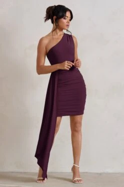 Charlie | Plum One Shoulder Ruched Mini Dress With Statement Drape -ENY Clothing Shop WB CC CL129320 CharliePlumOneShoulderRuchedMiniDressWithStatementDrape0