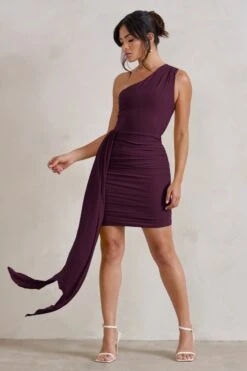 Charlie | Plum One Shoulder Ruched Mini Dress With Statement Drape -ENY Clothing Shop WB CC CL129320 CharliePlumOneShoulderRuchedMiniDressWithStatementDrape2