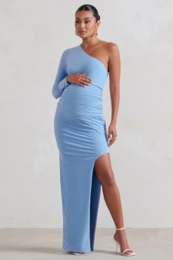 Paloma | Powder Blue Maternity One Sleeve Asymmetric Maxi Dress -ENY Clothing Shop WB CC CL129400 PalomaPowderBlueMaternityOneSleeveAsymmetricMaxiDress0