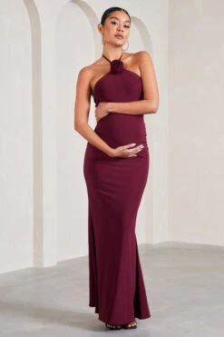 Loving | Burgundy Halter-Neck Maternity Maxi Dress With Flower Corsage -ENY Clothing Shop WB CC CL129581069 LovingBurgundyHalter NeckMaternityMaxiDressWithFlowerCorsage4