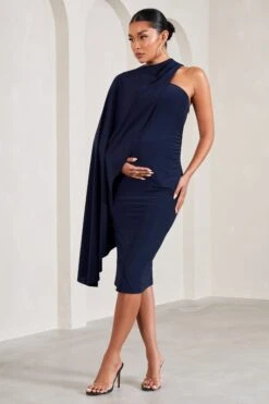 New Chapter | Navy Asymmetric Maternity Midi Dress With Cape -ENY Clothing Shop WB CC CL129583015 NewChapterNavyAsymmetricMaternityMidiDressWithCape4