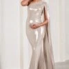 Amara | Gold Metallic One-Shoulder Maternity Maxi Dress With Cape -ENY Clothing Shop WB CC CL129595007 AmaraGoldMetallicOne ShoulderMaternityMaxiDressWithCape2