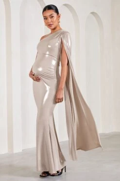 Amara | Gold Metallic One-Shoulder Maternity Maxi Dress With Cape -ENY Clothing Shop WB CC CL129595007 AmaraGoldMetallicOne ShoulderMaternityMaxiDressWithCape4