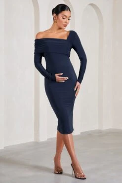 Heartbeat | Navy One-Shoulder Long-Sleeved Maternity Midi Dress -ENY Clothing Shop WB CC CL129609115 HeartbeatNavyOne ShoulderLong SleevedMaternityMidiDress1