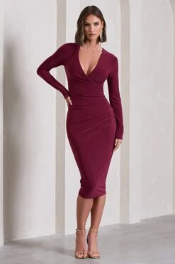 Marcia | Burgundy Bodycon Plunge-Neck Midi Dress -ENY Clothing Shop WB CC CL129785069 MarciaBurgundyBodyconPlunge NeckMidiDress2