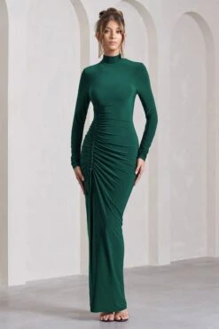 Lynn | Bottle Green Ruched High-Neck Split Maxi Dress -ENY Clothing Shop WB CC CL129797047 Lynn BottleGreenRuchedHigh NeckSplitMaxiDress0