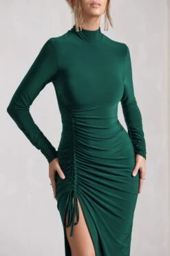 Lynn | Bottle Green Ruched High-Neck Split Maxi Dress -ENY Clothing Shop WB CC CL129797047 Lynn BottleGreenRuchedHigh NeckSplitMaxiDress3