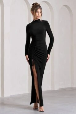 Lynn | Black Ruched High-Neck Split Maxi Dress -ENY Clothing Shop WB CC CL129797069 LynnBurgundyRuchedHigh NeckSplitMaxiDress2