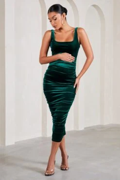 Lisbon | Bottle Green Velvet Maternity Square Neck Ruched Midi Dress