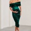 Alyssa | Bottle Green Velvet Maternity Bardot Bow Maternity Midi Dress With Ruching -ENY Clothing Shop WB CC CL129813047 AlyssaBottleGreenVelvetMaternityBardotBowMaternityMidiDresswithRuching0