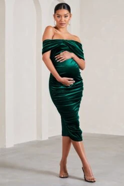 Alyssa | Bottle Green Velvet Maternity Bardot Bow Maternity Midi Dress With Ruching -ENY Clothing Shop WB CC CL129813047 AlyssaBottleGreenVelvetMaternityBardotBowMaternityMidiDresswithRuching1