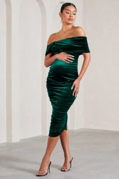 Alyssa | Bottle Green Velvet Maternity Bardot Bow Maternity Midi Dress With Ruching -ENY Clothing Shop WB CC CL129813047 AlyssaBottleGreenVelvetMaternityBardotBowMaternityMidiDresswithRuching4