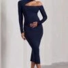 Just Dream | Navy Asymmetric High-Neck Cut-Out Maternity Midi Dress