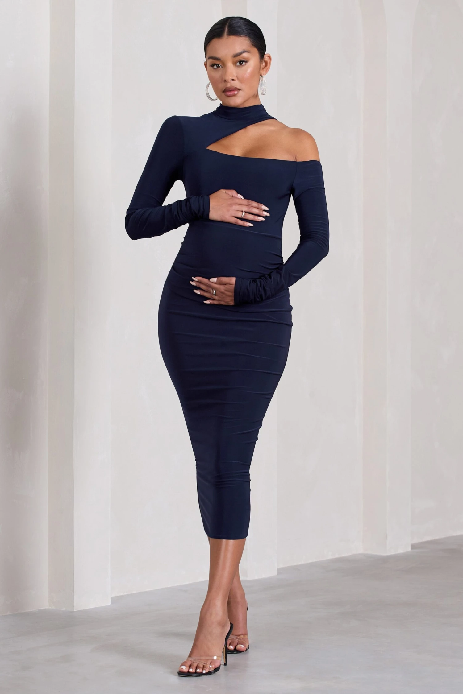 Just Dream | Navy Asymmetric High-Neck Cut-Out Maternity Midi Dress 6 Just Dream | Navy Asymmetric High-Neck Cut-Out Maternity Midi Dress - Image 4