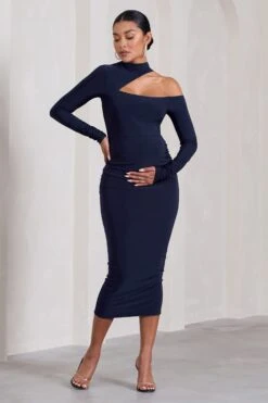 Just Dream | Navy Asymmetric High-Neck Cut-Out Maternity Midi Dress 11 Just Dream | Navy Asymmetric High-Neck Cut-Out Maternity Midi Dress -ENY Clothing Shop WB CC CL129823015 JustDreamNavyAsymmetricHigh NeckCut OutMaternityMidiDress5
