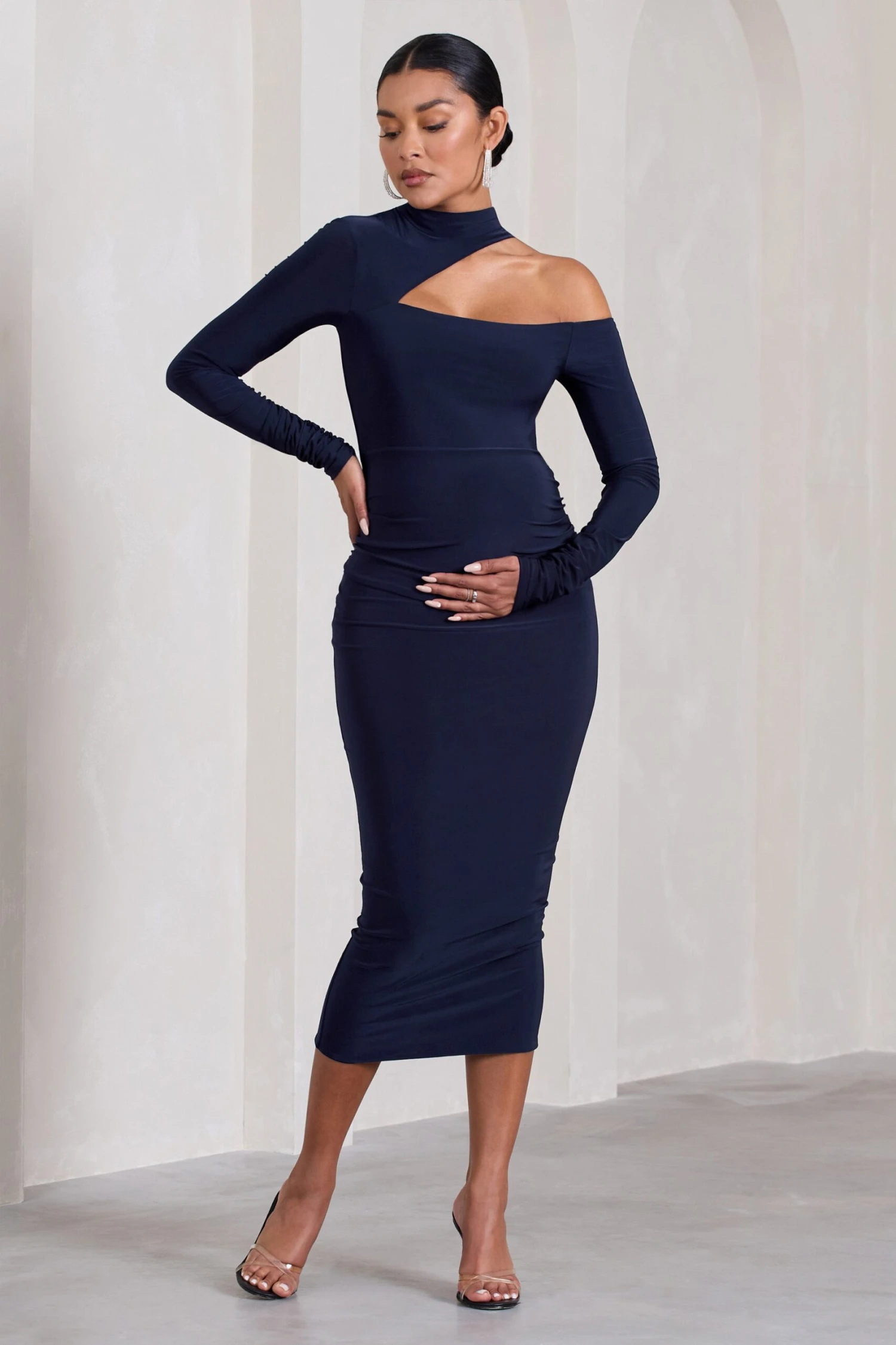Just Dream | Navy Asymmetric High-Neck Cut-Out Maternity Midi Dress 7 Just Dream | Navy Asymmetric High-Neck Cut-Out Maternity Midi Dress - Image 5