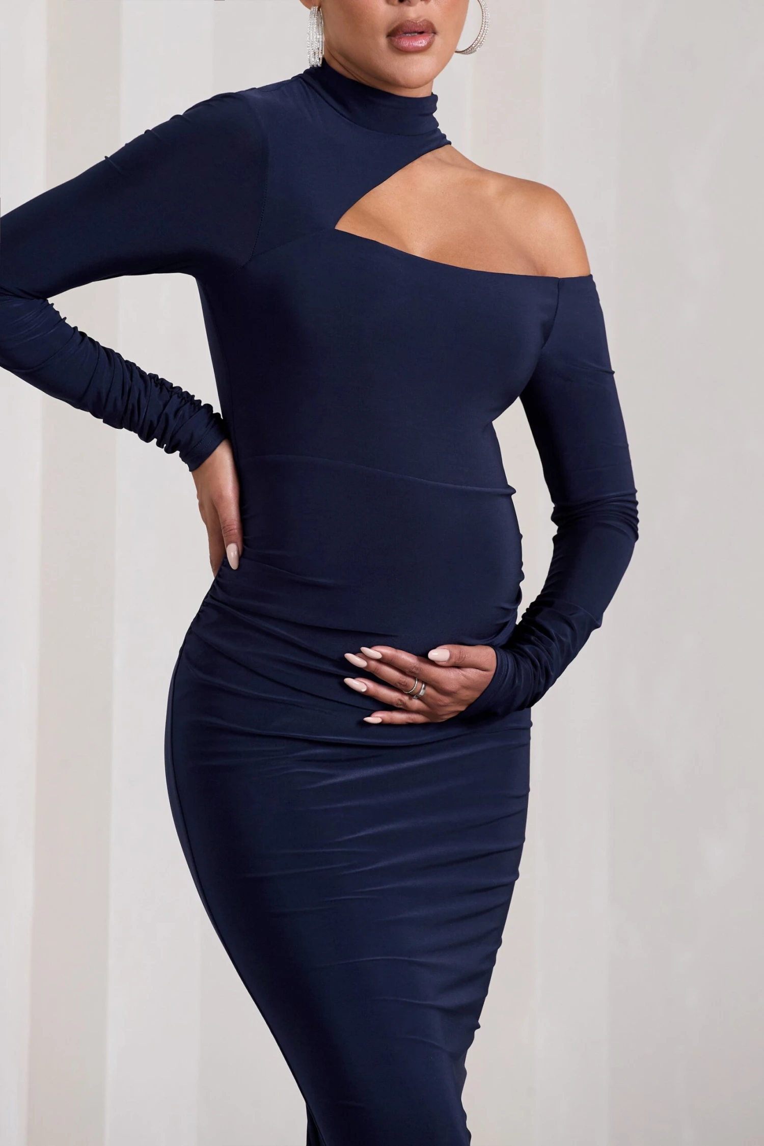 Just Dream | Navy Asymmetric High-Neck Cut-Out Maternity Midi Dress 5 Just Dream | Navy Asymmetric High-Neck Cut-Out Maternity Midi Dress - Image 3