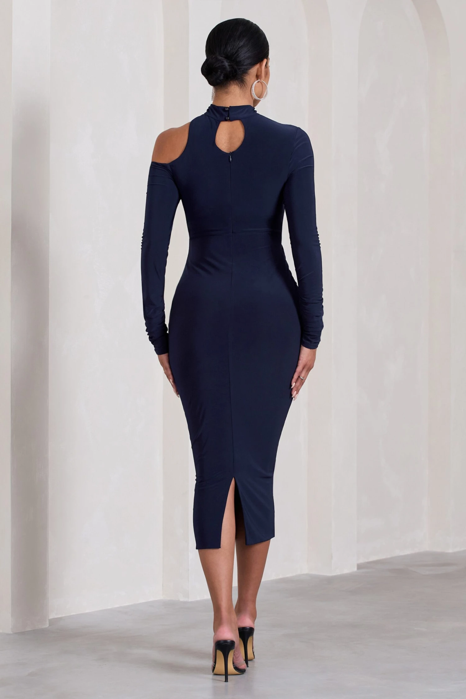 Just Dream | Navy Asymmetric High-Neck Cut-Out Maternity Midi Dress 4 Just Dream | Navy Asymmetric High-Neck Cut-Out Maternity Midi Dress - Image 2