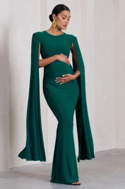 Divine Timing | Bottle Green Maternity Maxi Dress With Cape Sleeves -ENY Clothing Shop WB CC CL129886047 DivineTimingBottleGreenMaternityMaxiDressWithCapeSleeves1