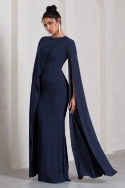 Magdelena | Navy Asymmetric Cape Maxi Dress -ENY Clothing Shop WB CC CL129887015 MagdelenaNavyAsymmetricCapeMaxiDress1