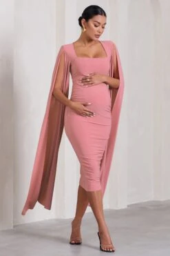 Flawless | Blush Pink Maternity Square Neck Midi Dress With Cape Sleeves -ENY Clothing Shop WB CC CL129890081 FlawlessBlushPinkMaternitySquareNeckMidiDressWithCapeSleeves1