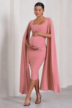 Flawless | Blush Pink Maternity Square Neck Midi Dress With Cape Sleeves -ENY Clothing Shop WB CC CL129890081 FlawlessBlushPinkMaternitySquareNeckMidiDressWithCapeSleeves2