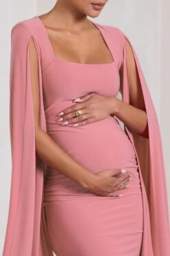 Flawless | Blush Pink Maternity Square Neck Midi Dress With Cape Sleeves -ENY Clothing Shop WB CC CL129890081 FlawlessBlushPinkMaternitySquareNeckMidiDressWithCapeSleeves3