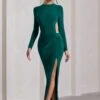 Miley | Bottle Green Long-Sleeved Open-Back Wrap Maxi Dress -ENY Clothing Shop WB CC CL130011047 MileyBottleGreenLong SleevedOpen BackWrapMaxiDress1