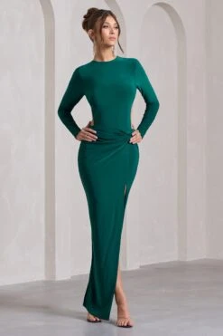 Miley | Bottle Green Long-Sleeved Open-Back Wrap Maxi Dress -ENY Clothing Shop WB CC CL130011047 MileyBottleGreenLong SleevedOpen BackWrapMaxiDress4