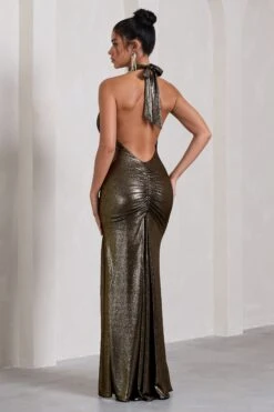 Star Quality | Gold Metallic Halter-Neck Open-Back Split Maxi Dress 8 Star Quality | Gold Metallic Halter-Neck Open-Back Split Maxi Dress -ENY Clothing Shop WB CC CL130012013 StarQualitySilverMetallicHalter NeckOpen BackSplitMaxiDress5