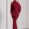 Revelation | Berry Red Crossed Halter-Neck Fishtail Maxi Dress With Cape -ENY Clothing Shop WB CC CL130017037 RevelationBerryRedCrossedHalter NeckFishtailMaxiDressWithCape0