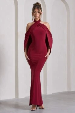 Revelation | Berry Red Crossed Halter-Neck Fishtail Maxi Dress With Cape -ENY Clothing Shop WB CC CL130017037 RevelationBerryRedCrossedHalter NeckFishtailMaxiDressWithCape1