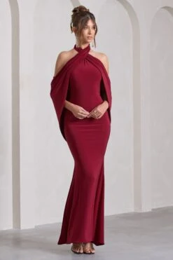 Revelation | Berry Red Crossed Halter-Neck Fishtail Maxi Dress With Cape -ENY Clothing Shop WB CC CL130017037 RevelationBerryRedCrossedHalter NeckFishtailMaxiDressWithCape4