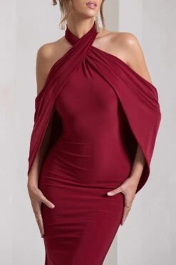 Revelation | Berry Red Crossed Halter-Neck Fishtail Maxi Dress With Cape -ENY Clothing Shop WB CC CL130017037 RevelationBerryRedCrossedHalter NeckFishtailMaxiDressWithCape6