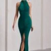 Memorable | Bottle Green Ruched High-Neck Split Fishtail Maxi Dress