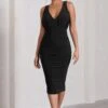 Marlowe | Black Ruched Plunge Sleeveless Midi Dress -ENY Clothing Shop WB CC CL130056104 MarloweBlackRuchedPlungeSleevelessMidiDress2