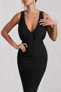 Marlowe | Black Ruched Plunge Sleeveless Midi Dress -ENY Clothing Shop WB CC CL130056104 MarloweBlackRuchedPlungeSleevelessMidiDress4