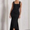 Savannah | Black Square-Neck Corset Fishtail Maxi Dress