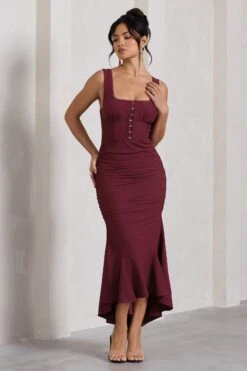 Savannah | Burgundy Square-Neck Corset Fishtail Maxi Dress -ENY Clothing Shop WB CC CL132003069 SavannahBurgundySquare NeckCorsetFishtailMidiDress3 bb5e185a ca73 4ed1 8480 e475042679cd