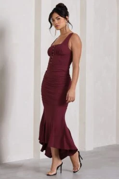 Savannah | Burgundy Square-Neck Corset Fishtail Maxi Dress -ENY Clothing Shop WB CC CL132003069 SavannahBurgundySquare NeckCorsetFishtailMidiDress5 eb33988e bffd 4482 9f22 2ef3ff4035f7