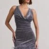 Mirror Me | Silver Velvet Embellished Cowl-Neck Mini Dress With Feather Trim -ENY Clothing Shop WB CC CL133034013 MirrorMeSilverVelvetEmbellishedCowl NeckMiniDressWithFeatherTrim0