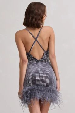 Mirror Me | Silver Velvet Embellished Cowl-Neck Mini Dress With Feather Trim -ENY Clothing Shop WB CC CL133034013 MirrorMeSilverVelvetEmbellishedCowl NeckMiniDressWithFeatherTrim8